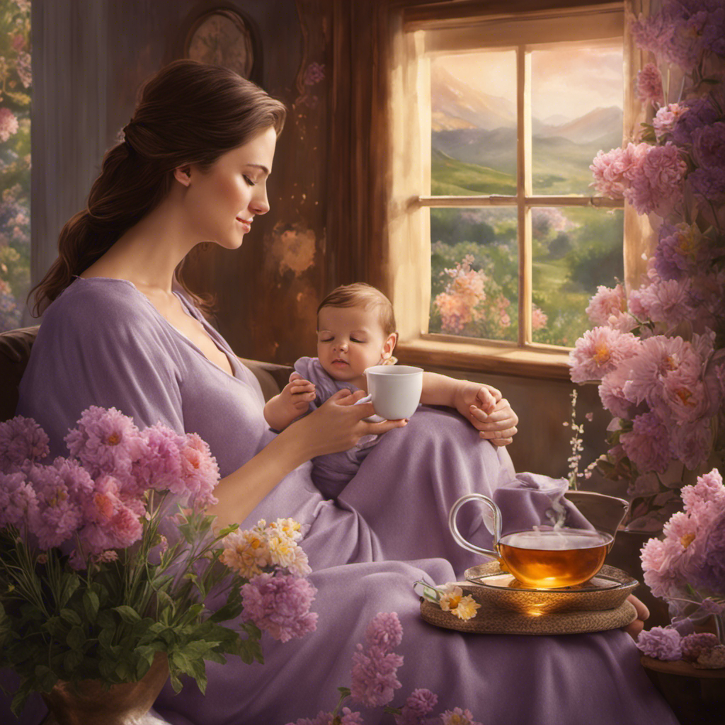 An image showcasing a cozy, tranquil scene with a new mother enjoying a steaming cup of chamomile tea, surrounded by soothing lavender and rose petals, symbolizing the benefits of herbal tea for postpartum recovery