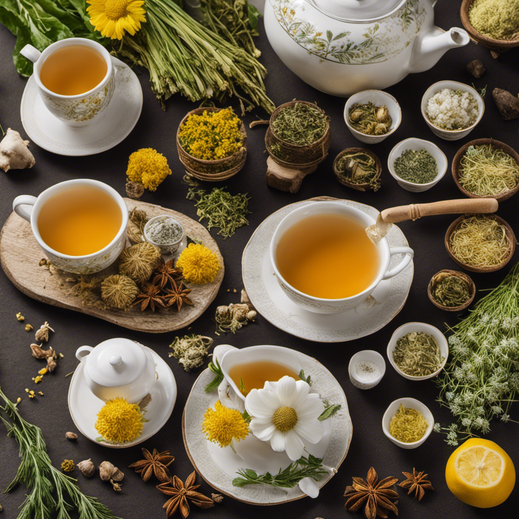 An image showcasing an assortment of aromatic herbal teas, including chamomile, peppermint, ginger, and fennel, accompanied by a delicate teapot and cup