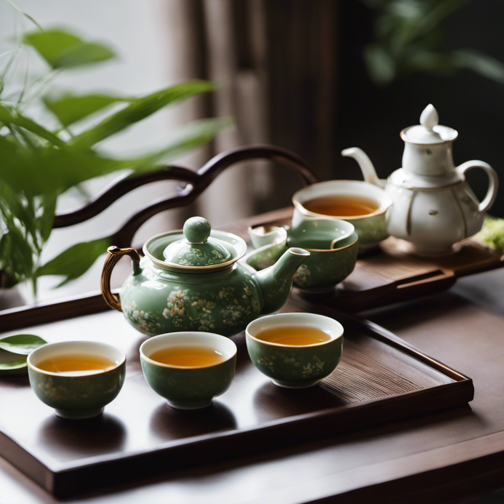 An image showcasing a serene, Japanese-inspired tea ceremony set-up, featuring a delicate porcelain teapot pouring steaming green tea into a traditional teacup, while beside it, an elegant Chinese tea set offers Oolong tea leaves, highlighting the debate between the two