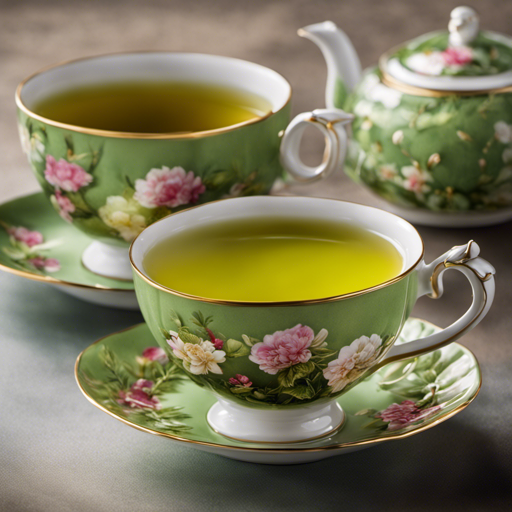 An image showcasing two elegant teacups, one filled with vibrant green tea and the other with oolong green tea
