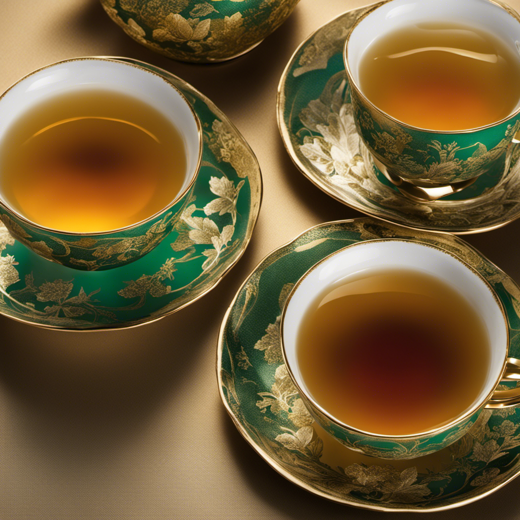 An image showcasing two elegant teacups, one filled with vibrant emerald green tea, exuding a calm and refreshing aura, while the other displays a rich amber hue of oolong tea, emanating a deep, soothing warmth