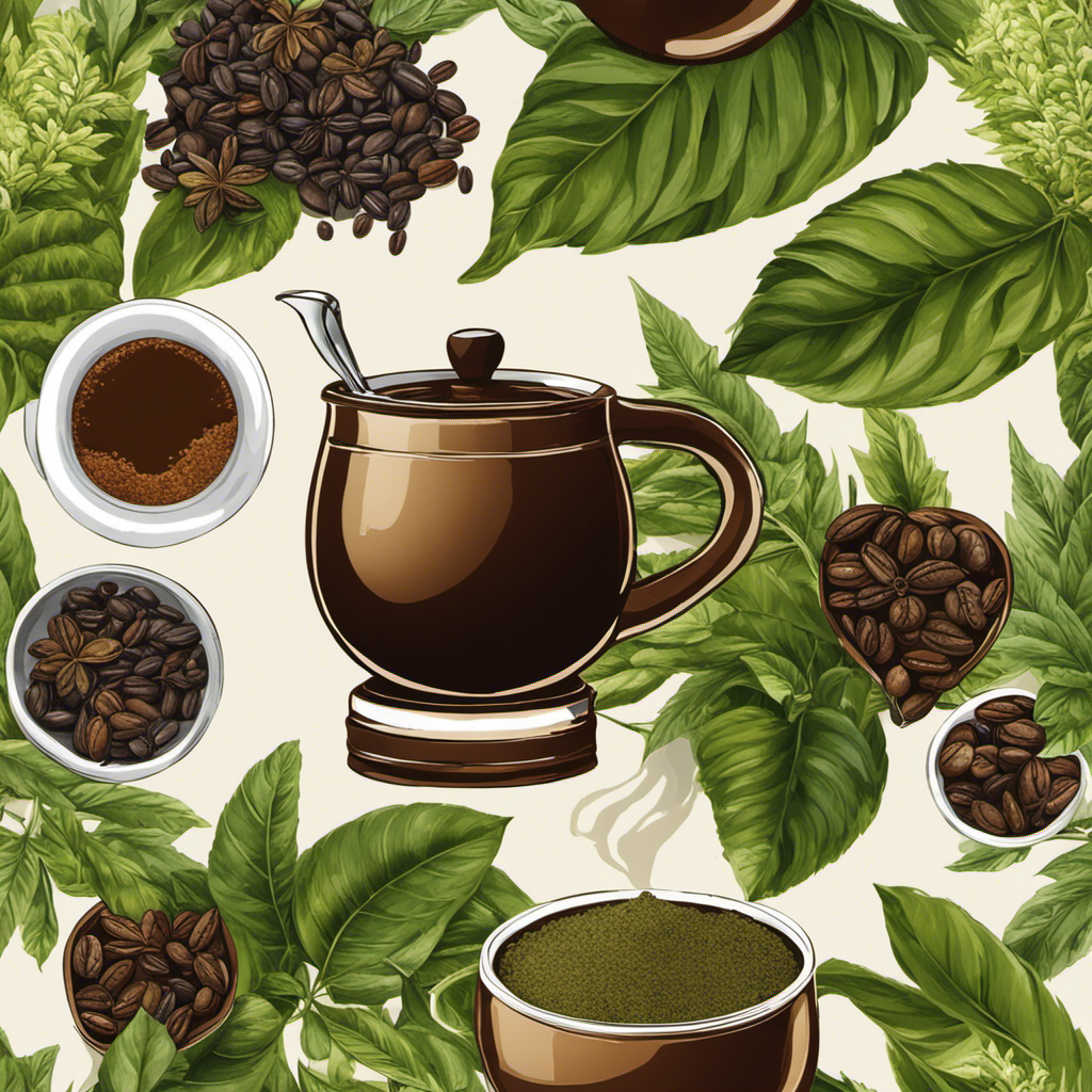 A visual comparison between a steaming cup of yerba mate, adorned with fresh green leaves, and a rich, dark cup of coffee, exuding an inviting aroma