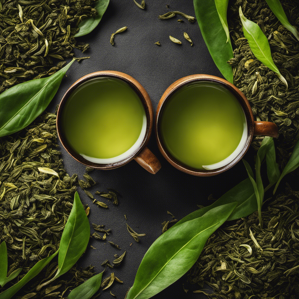 An image showcasing two steaming mugs side by side - one filled with vibrant green tea, the other with rich yerba mate