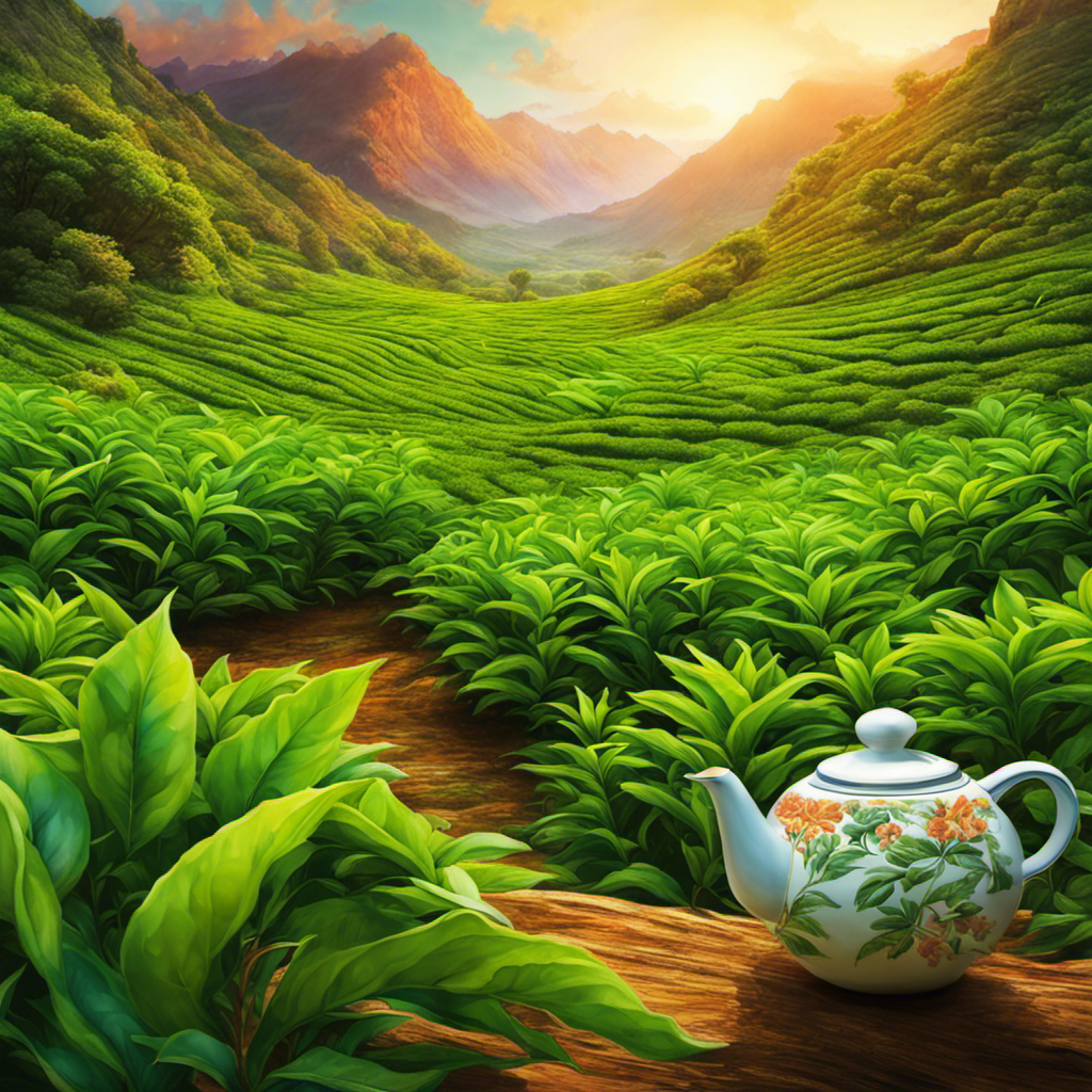 An image showcasing a vibrant, lush green tea plant next to a vibrant, invigorating yerba mate plant