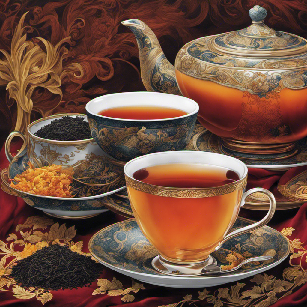 An image showcasing a vibrant, steaming cup of black tea and an elegant, fragrant cup of oolong tea side by side