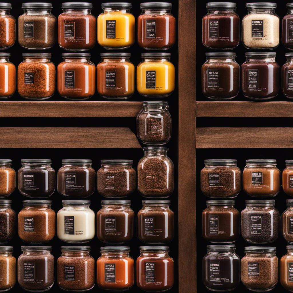 An image showcasing a close-up of various cacao powders in glass jars, each labeled with their brand names