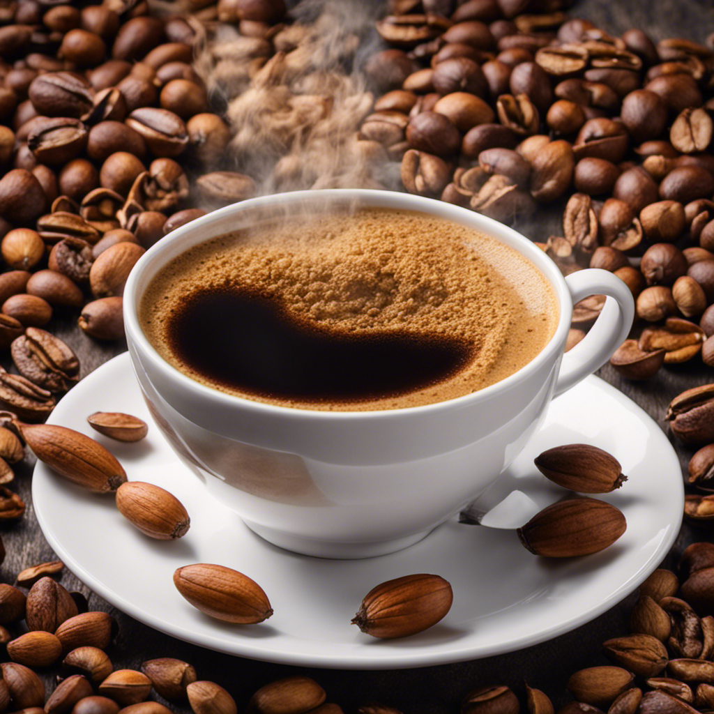 An image showcasing a steaming cup of coffee, surrounded by vibrant roasted nuts like acorns, chicory, dandelion, and barley, invoking curiosity about the fascinating history of coffee substitutes