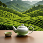 An image showcasing a vibrant, lush tea plantation nestled amidst rolling green hills, with skilled hands plucking delicate oolong leaves