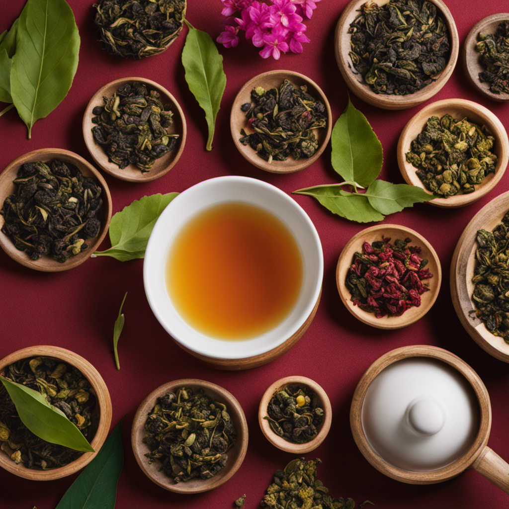 An image showcasing various types of oolong tea leaves, beautifully displayed in vibrant colors and patterns