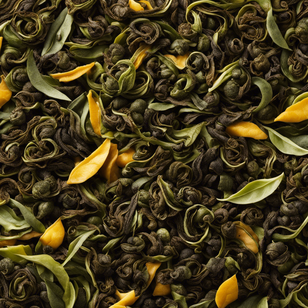 An image showcasing a variety of vibrant oolong tea leaves, each elegantly curled and delicately unfurling in a steaming cup