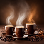 An image showcasing three steaming cups of coffee, each filled with a distinct roast: a rich, dark roast emitting deep mahogany hues; a medium roast exuding a warm chestnut color, and a light roast boasting a delicate amber shade