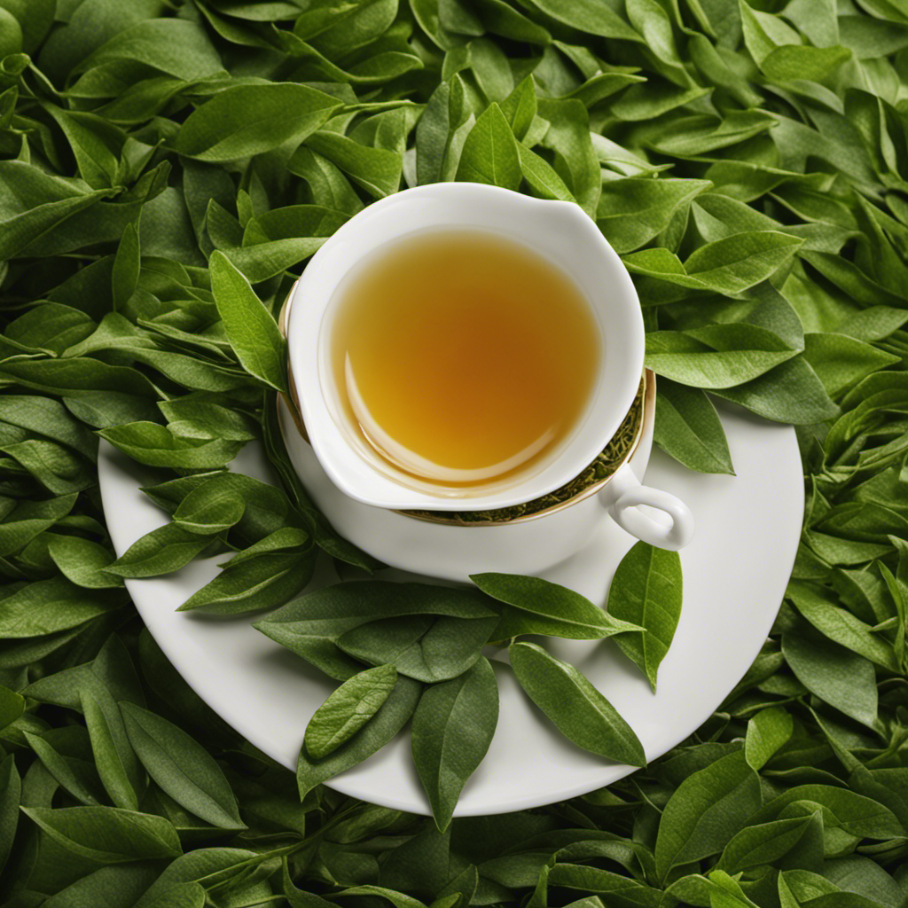 An image showcasing a serene, nature-inspired scene with a delicate porcelain teacup filled with vibrant green tea, surrounded by lush tea leaves, symbolizing the diverse varieties of tea and their potential benefits in preventing cancer