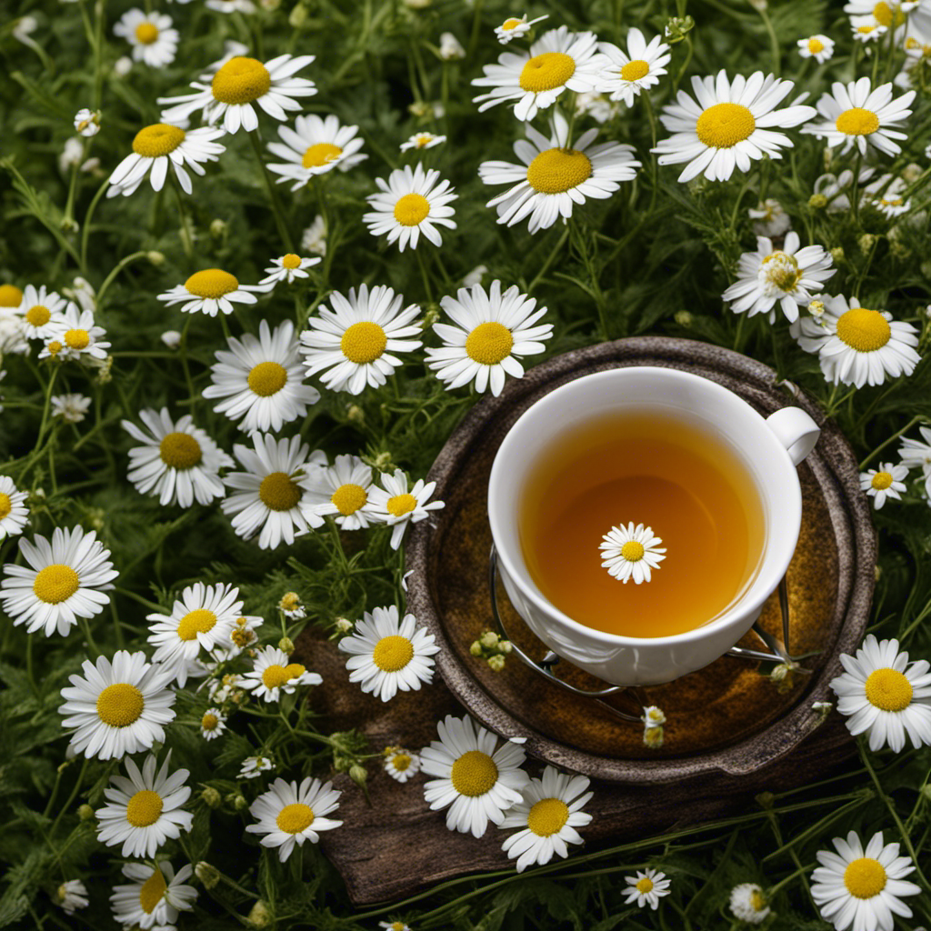An image featuring a serene setting with a cup of chamomile tea surrounded by delicate white flowers, evoking a sense of tranquility and relaxation, perfect for a blog post on stress-reducing tea flavors