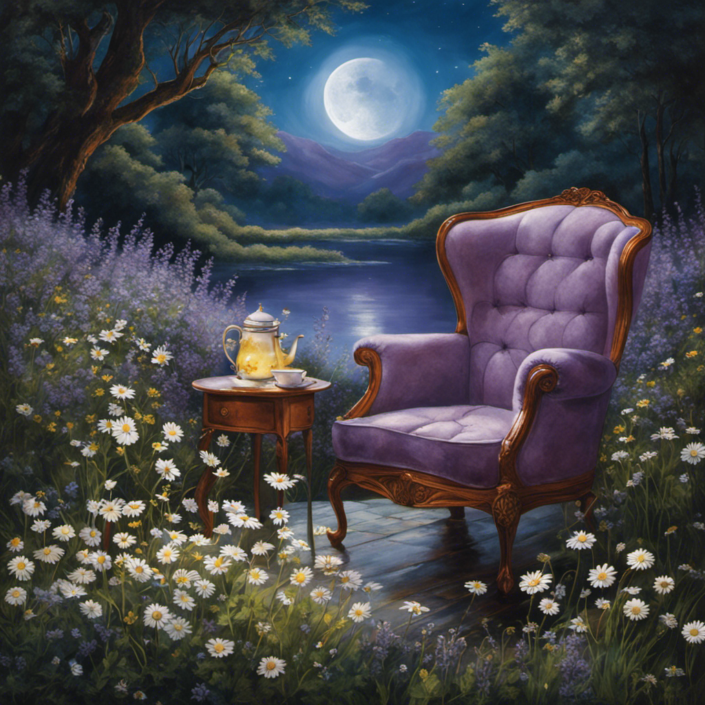 An image of a serene, moonlit scene with a cozy armchair nestled among blooming chamomile flowers
