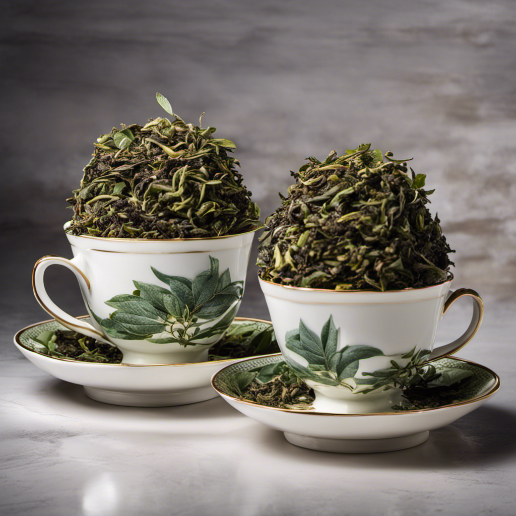 An image showcasing two teacups side by side, one filled with aromatic green tea leaves and the other with rich oolong tea leaves