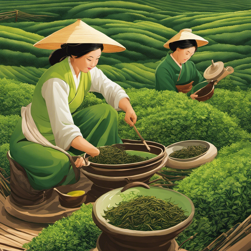 An image capturing the intricate tea-making process: a skilled artisan meticulously hand-rolling vibrant green tea leaves while another expertly roasts oolong leaves in a traditional clay pot, showcasing the contrasting methods of production