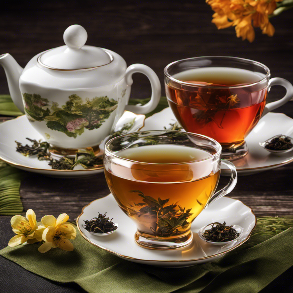 An image showcasing four teacups, each filled with a different tea: rich and dark black tea, fragrant and floral oolong tea, vibrant and fresh green tea, and delicate and light white tea