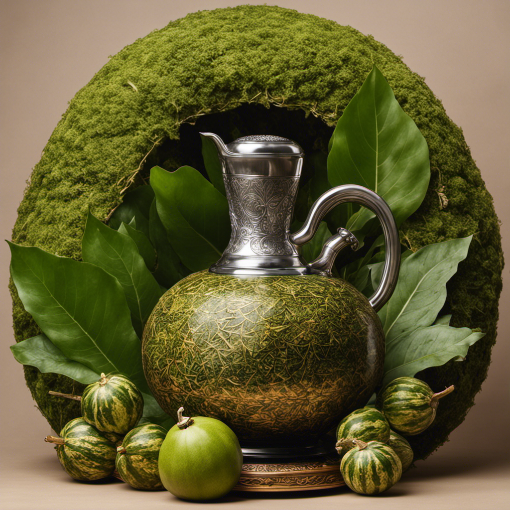 Capture the essence of Messi's preferred yerba mate by displaying a close-up shot of a traditional gourd filled with vibrant, green mate leaves, surrounded by a halo of steam in the background