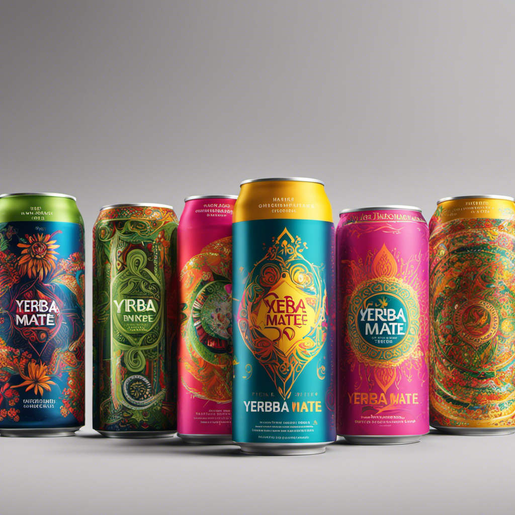 An image showcasing a vibrant, colorful montage of various Yerba Mate energy drink cans with intricate designs and unique branding, capturing the essence of their enticing flavors and potential caffeine content