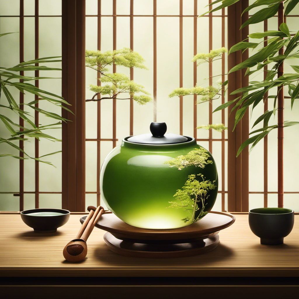 An image showcasing a traditional Japanese tea ceremony: a serene, sunlit room with a ceramic tea bowl, a bamboo tea scoop, and a delicate stream of vibrant green matcha powder flowing gracefully into the bowl