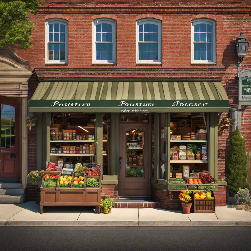 An image that captures the essence of Lancaster, PA, showcasing a quaint local grocery store nestled among charming farmlands, with a prominent sign proudly displaying "Postum" in its window