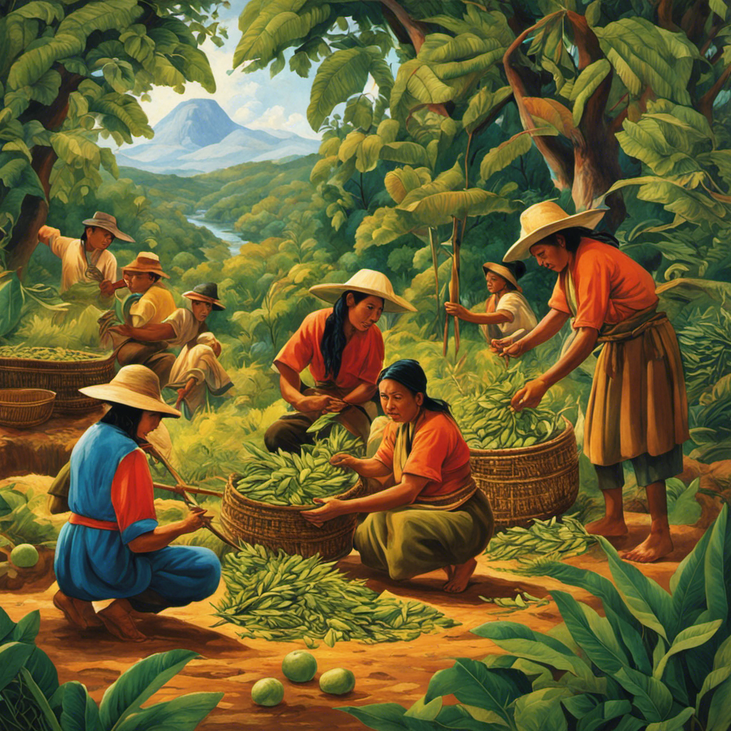An image that depicts the rich history of Yerba Mate's creation, showcasing indigenous Guarani people expertly harvesting and preparing the leaves, while European settlers observe and learn, symbolizing the fusion of cultures