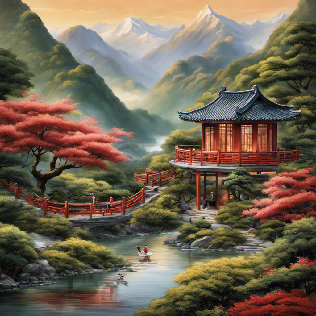 An image featuring a serene, traditional Chinese tea house nestled amidst lush mountains