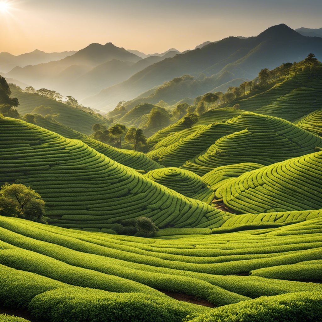 An image showcasing a serene Chinese tea plantation, where verdant, meticulously pruned oolong tea bushes bask in the gentle morning sunlight, exuding an aura of tranquility and promise