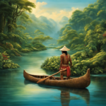 An image showcasing a serene river surrounded by lush greenery, with an indigenous person skillfully maneuvering a handcrafted wooden canoe, symbolizing the ingenuity of the ancient inventors of this remarkable watercraft