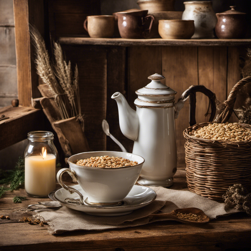 An image showcasing the rustic charm of a quaint 19th-century kitchen, with a steaming cup of Postum cereal placed on a vintage wooden table, surrounded by aged porcelain mugs and a handwritten recipe book