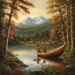 An image that showcases a serene river scene, with an indigenous person skillfully maneuvering a birchbark canoe