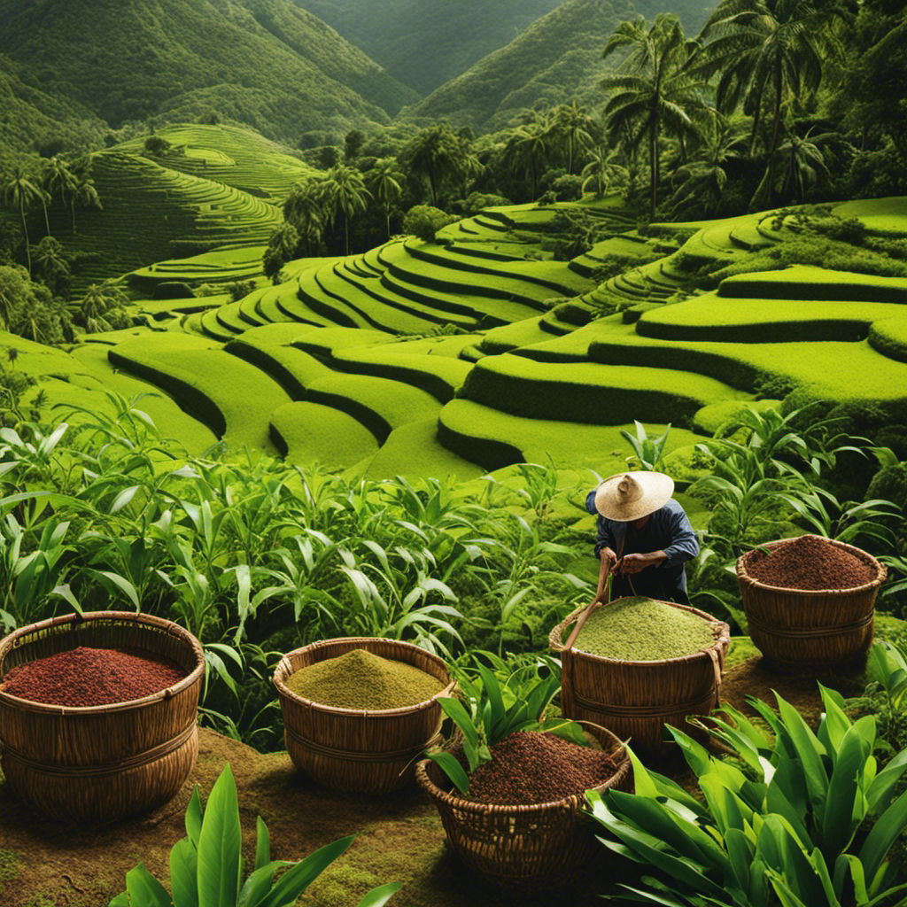 An image showcasing the origins of the renowned Yerba Mate brand, capturing the lush green fields of South America's rainforests, with skilled farmers carefully harvesting and processing the native leaves to perfection