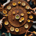 An image showcasing a diverse group of individuals gathered around a circular table, adorned with intricate carvings, discussing passionately, while holding cups of Guayaki Yerba Mate Bar