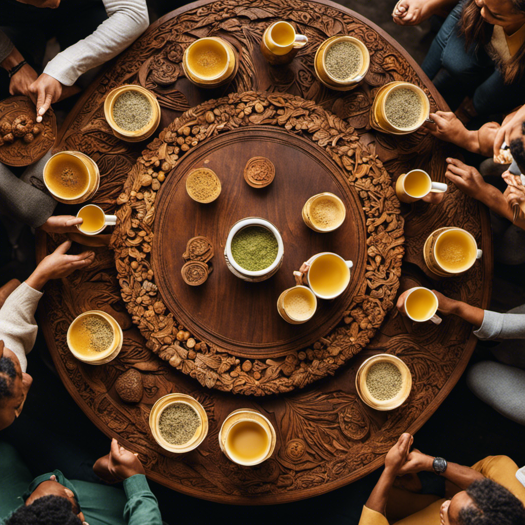 An image showcasing a diverse group of individuals gathered around a circular table, adorned with intricate carvings, discussing passionately, while holding cups of Guayaki Yerba Mate Bar