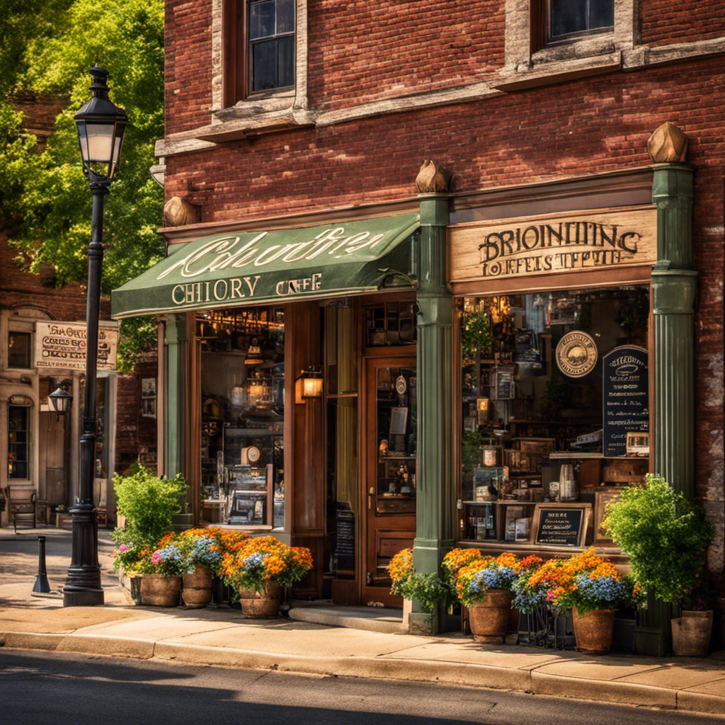 An image showcasing the quaint streets of Bloomington, IL, with a charming local café prominently featuring a rustic sign advertising chicory coffee substitute
