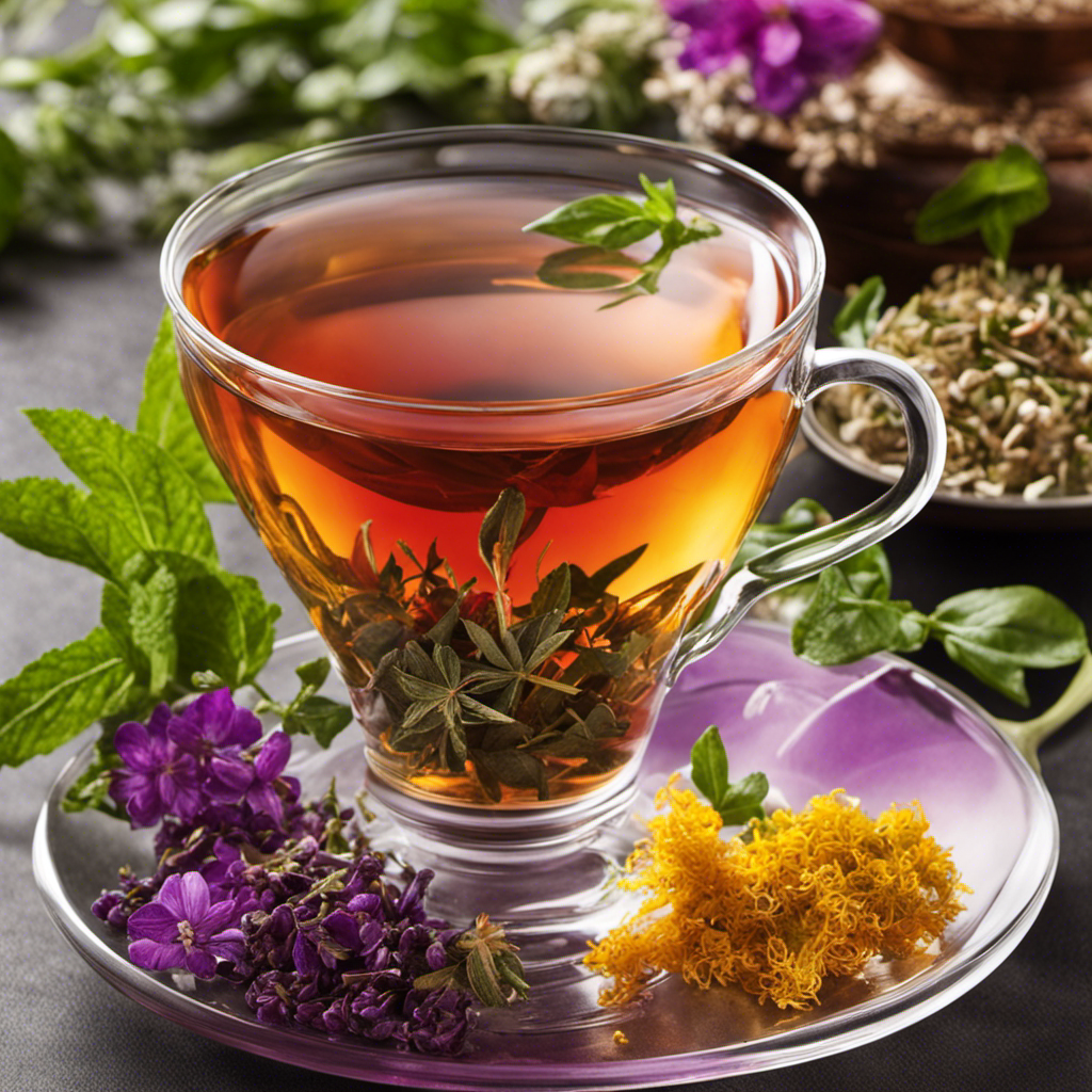 An image showcasing a vibrant assortment of herbal leaves and ingredients, elegantly arranged in a tea infuser, as steam delicately rises from the cup, inviting readers to explore the world of herbal slimming tea