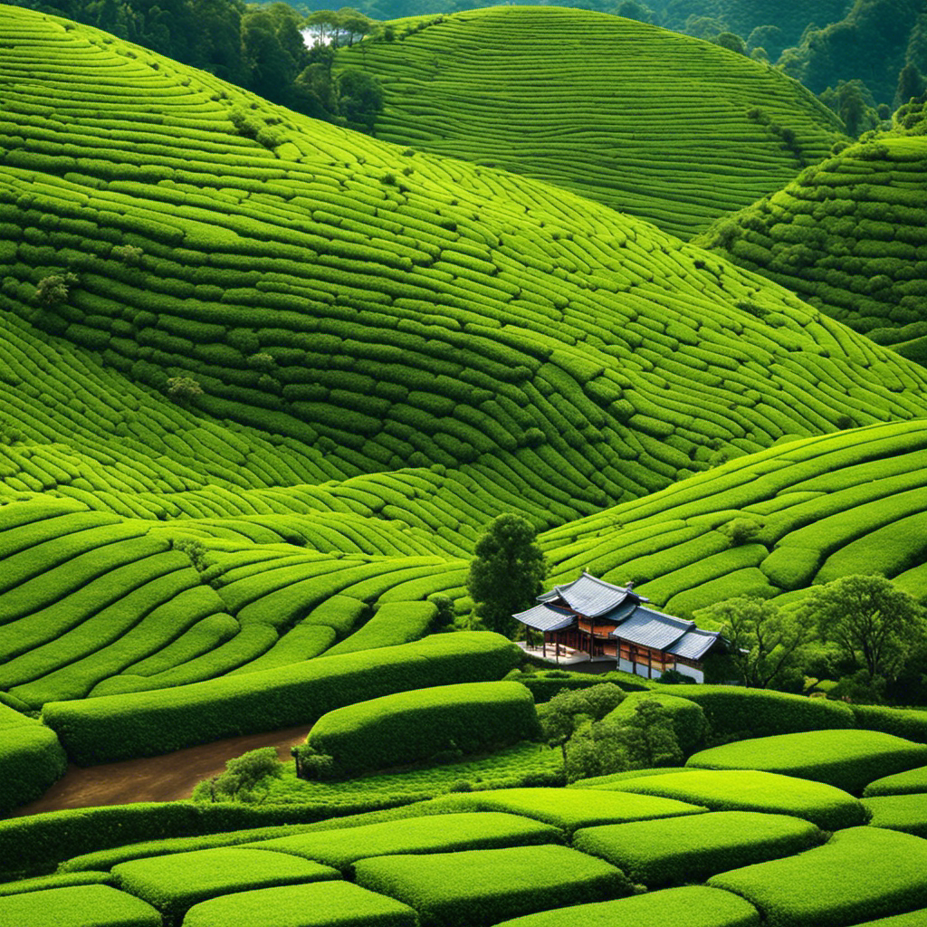 An image showcasing a serene tea plantation nestled amidst rolling hills, with rows of meticulously pruned tea bushes, adorned with beautiful, vibrant green leaves, offering a glimpse into the world of retailers of exquisite Imperial Organic Oolong Tea
