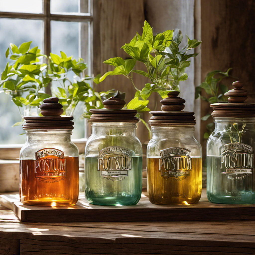 An image of a rustic wooden shelf filled with vintage glass jars, each elegantly labeled with the iconic Postum logo