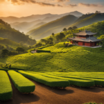 An image that showcases a picturesque tea plantation, bathed in warm golden sunlight, with a farmer expertly plucking Revolution Dragon Eye Oolong Tea leaves, their vibrant emerald hue contrasting against the terracotta-colored soil