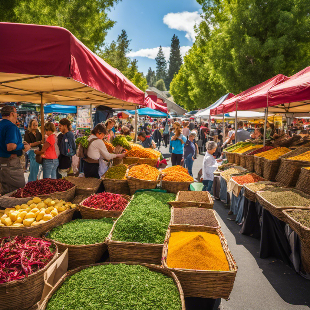 An image featuring a vibrant, bustling farmers market in Jackson, CA, adorned with colorful stalls selling freshly harvested yerba mate tea leaves