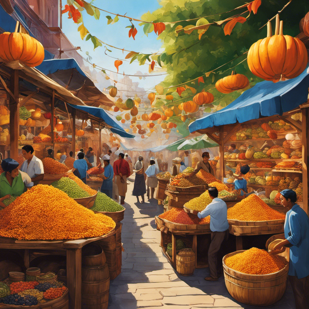 An image that showcases a vibrant marketplace scene, brimming with colorful stalls adorned with gourd-shaped containers and stacks of aromatic yerba mate tea bags