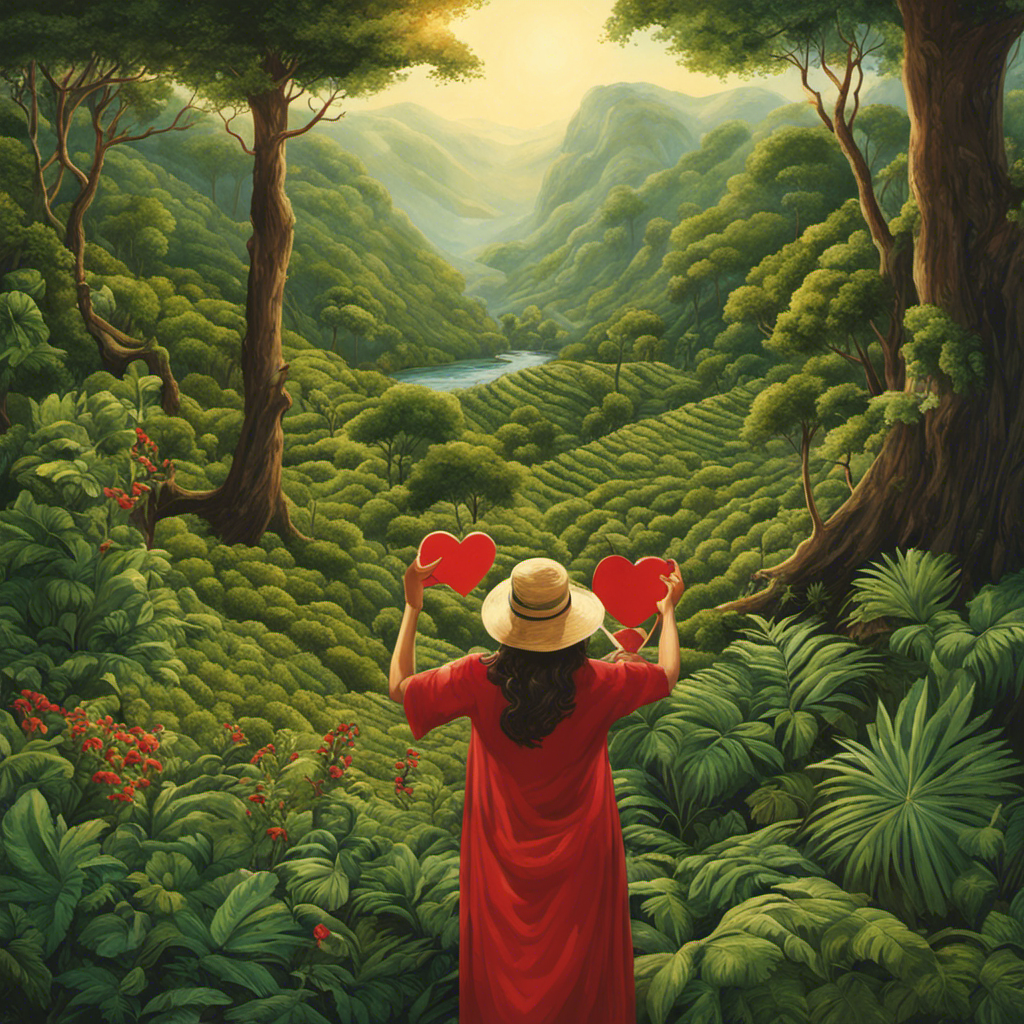 An image depicting a serene, leafy landscape with a person holding a red warning sign indicating "No Yerba Mate" next to a group of individuals: pregnant women, children, heart patients, and individuals with caffeine sensitivity