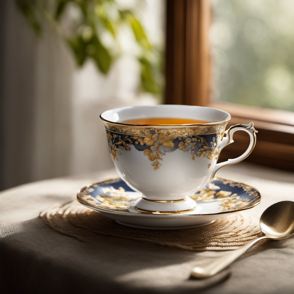 An image of a delicate porcelain teacup, adorned with intricate floral patterns, brimming with steaming oolong tea