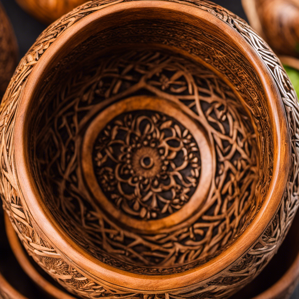 An image showcasing a handcrafted wooden yerba mate cup, displaying intricate carvings and a polished finish