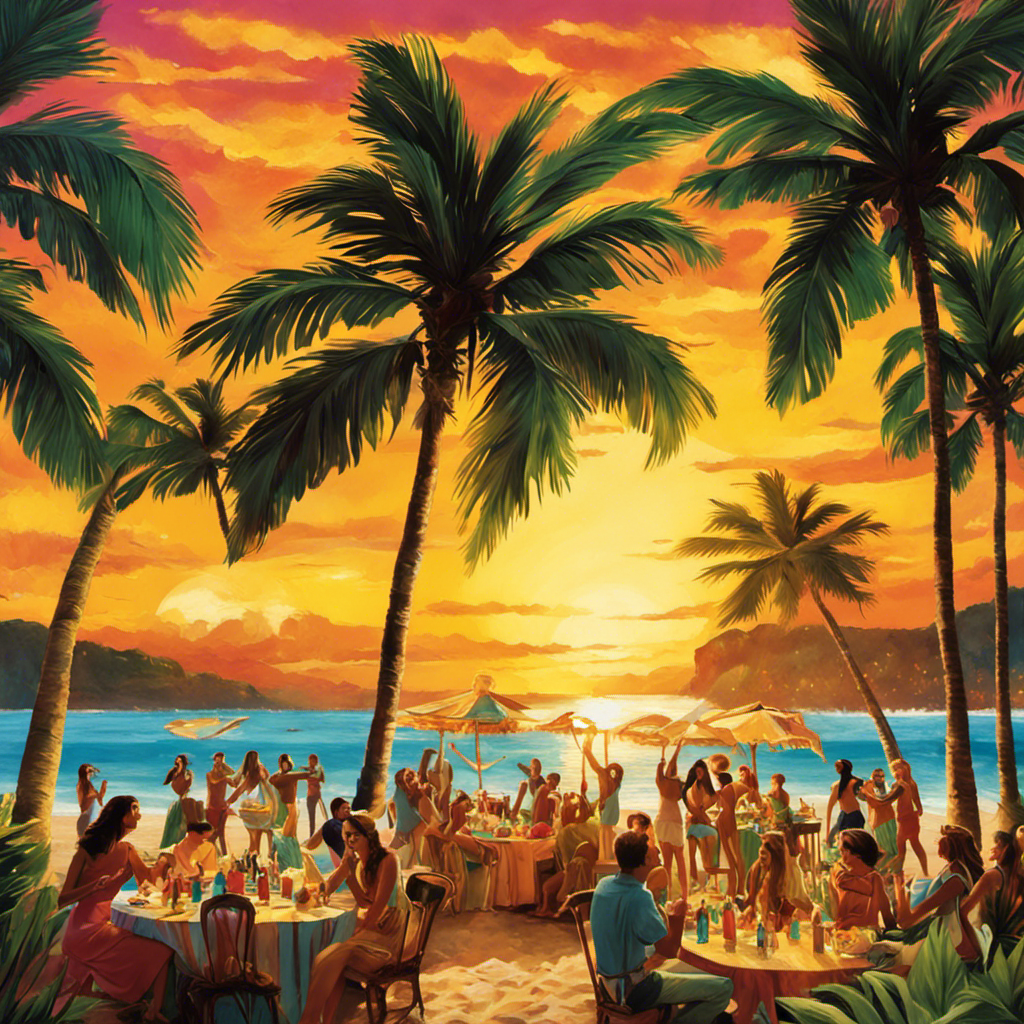 An image showcasing a vibrant, tropical beach party scene at sunset, with friends joyfully sipping Guayaki Yerba Mate cocktails mixed with alcohol