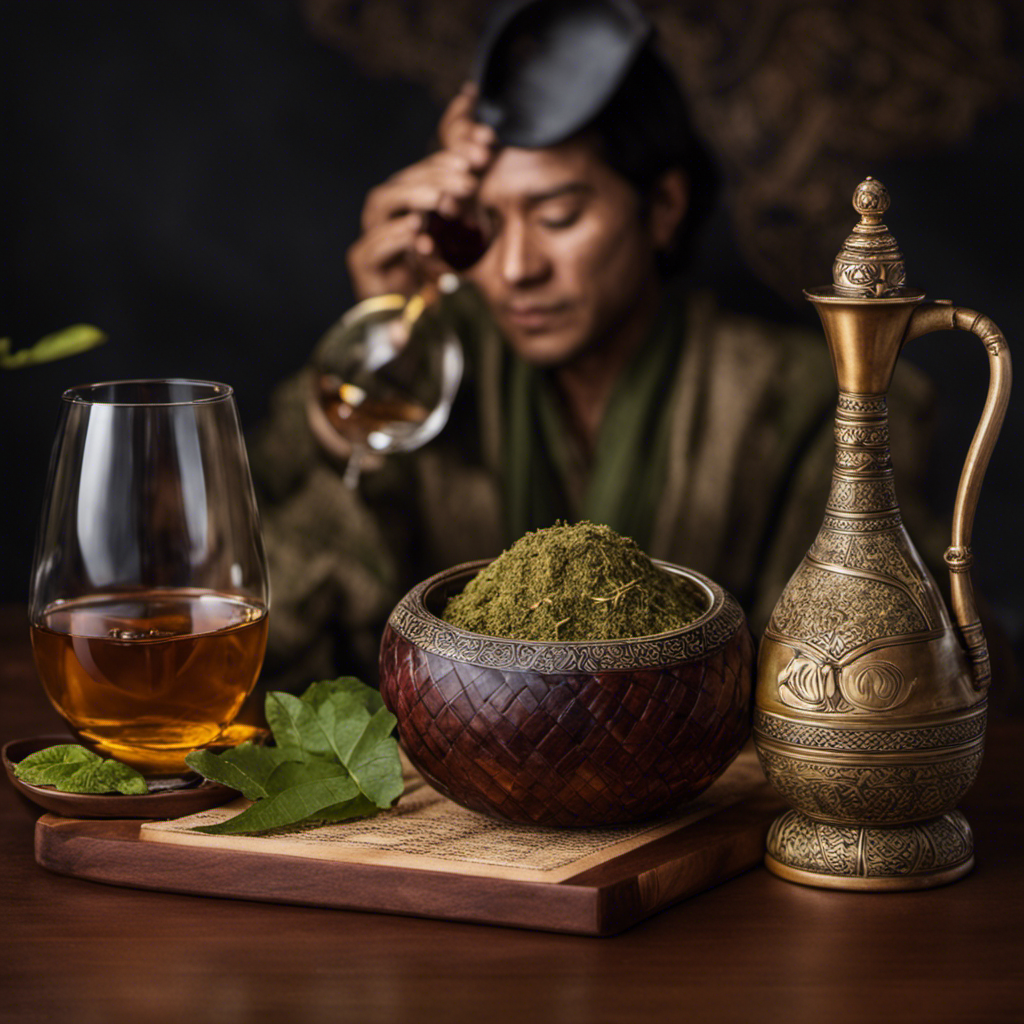 An image showcasing a person sitting at a table, holding a traditional yerba mate gourd filled with tea, while a crossed-out wine glass rests beside it