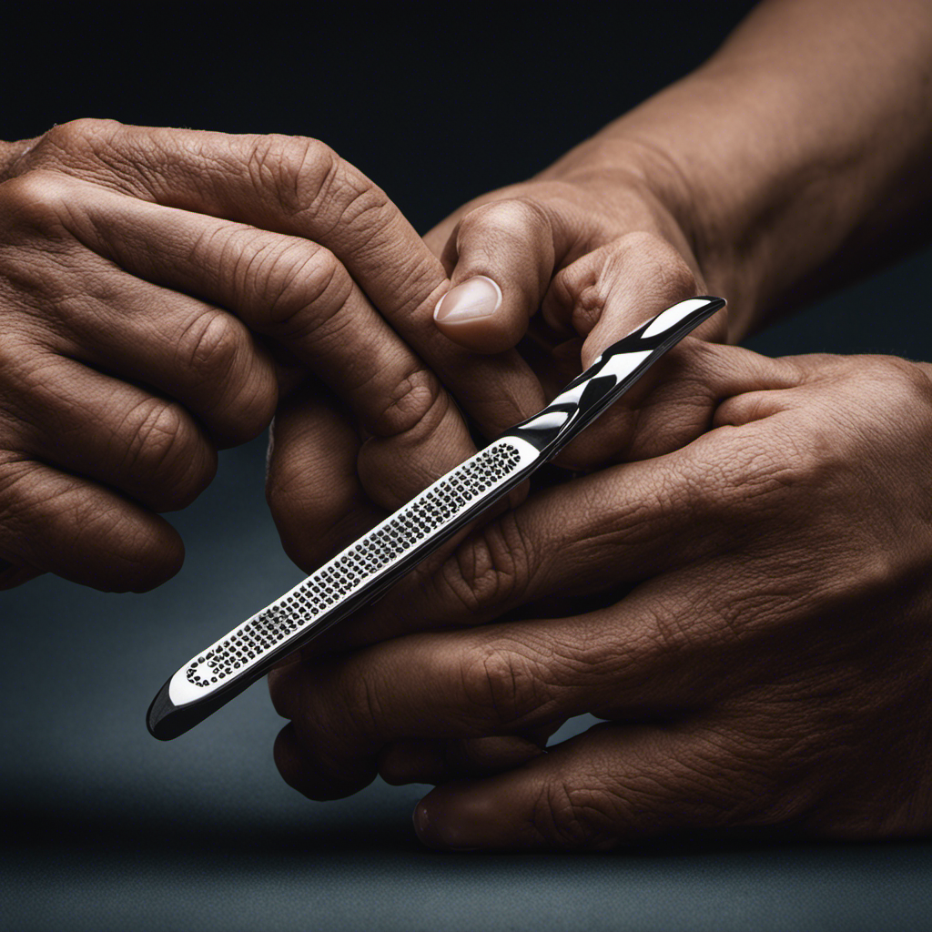 An image depicting a close-up of a person's hand holding a razor, while another hand gently touches the bald head of a cancer patient