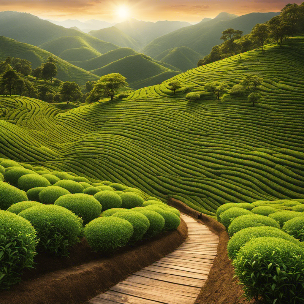 An image depicting a serene, rustic tea plantation nestled amidst verdant hills, showcasing rows of meticulously cultivated yerba mate plants, with a perplexed individual searching in vain for Eco Teas Yerba Mate, symbolizing the scarcity and elusive nature of the product