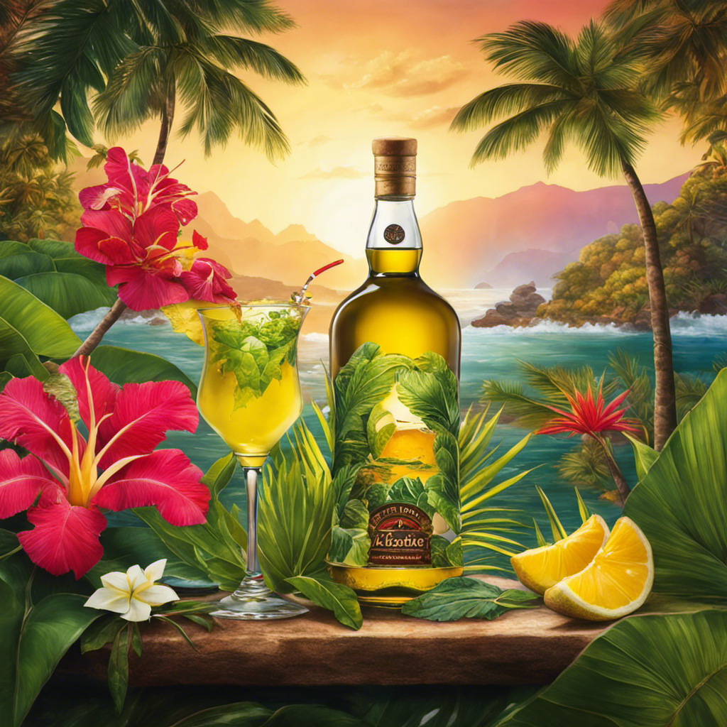 An image showing a vibrant, tropical scene with a glass of yerba mate and a bottle of alcohol separated by a clear barrier, symbolizing the inability to mix the two