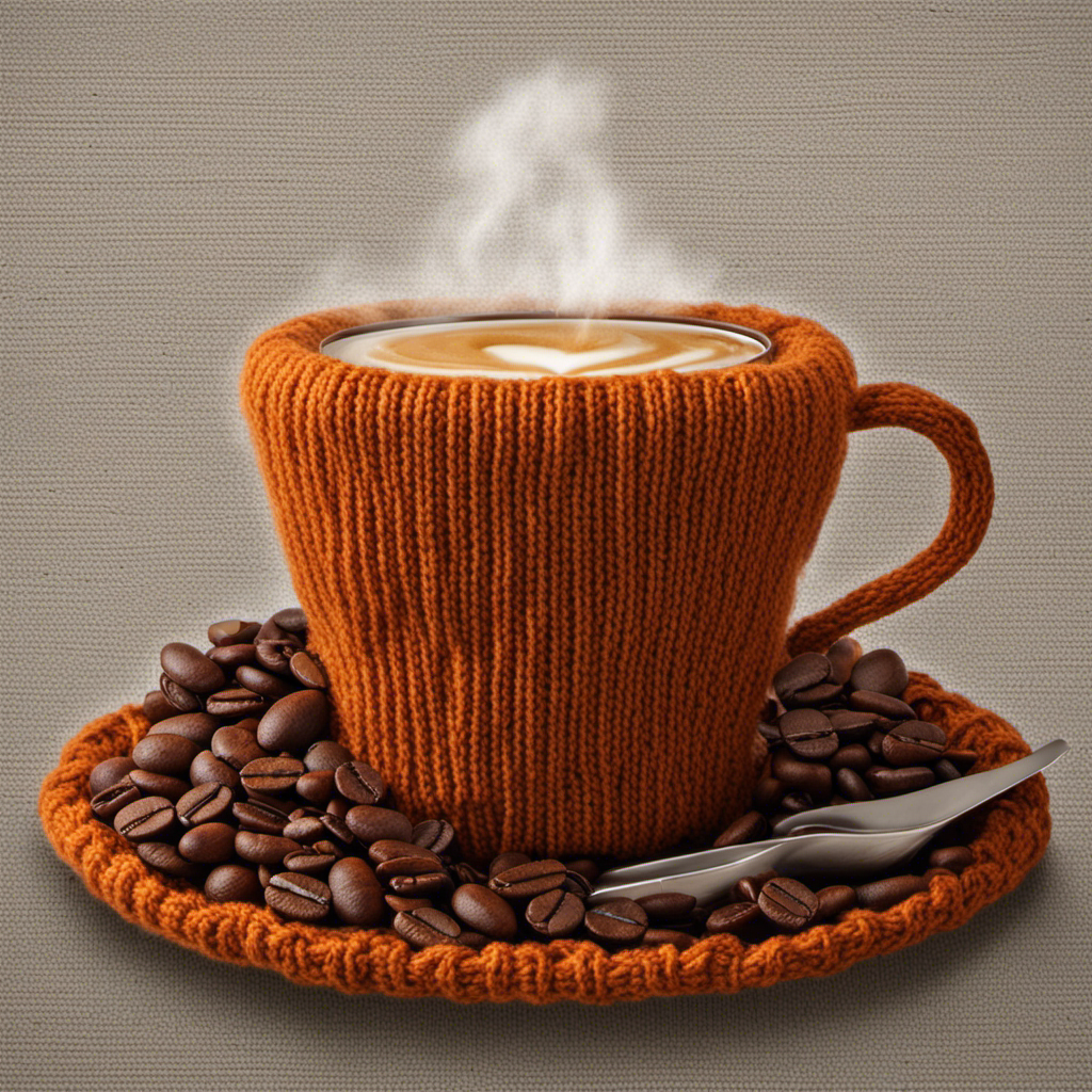 An image showcasing a steaming cup of coffee nestled in a cozy, knitted mug cozy
